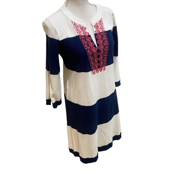 Talbots cotton navy/white stripe pink embroidery neckline 3/3 sleeve size small - Picture 3 of 11